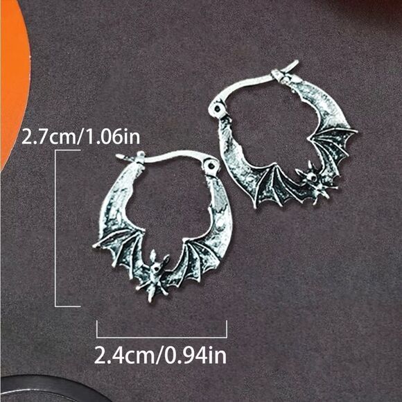 Gothic Bat Hoop Earrings, Silver Tone, engraved details, Comfortable, new - Picture 4 of 4
